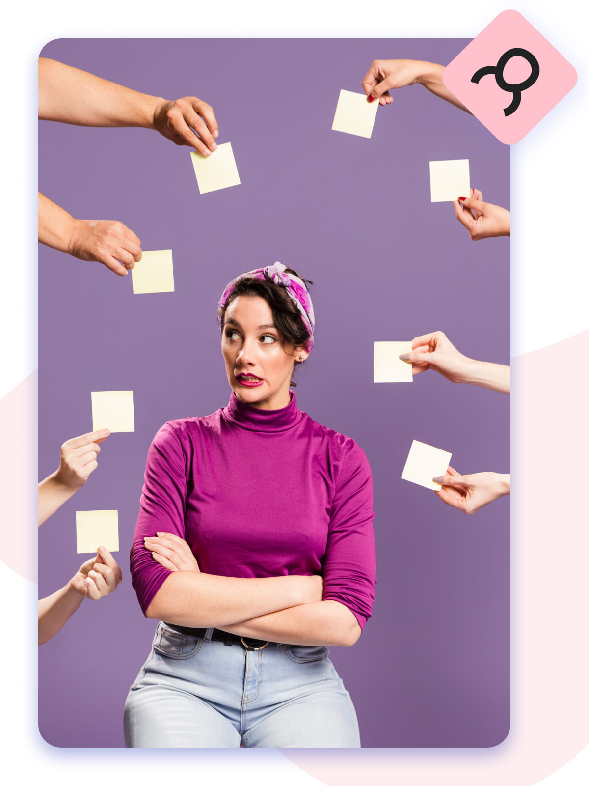 a woman surrounded by empty sticky notes